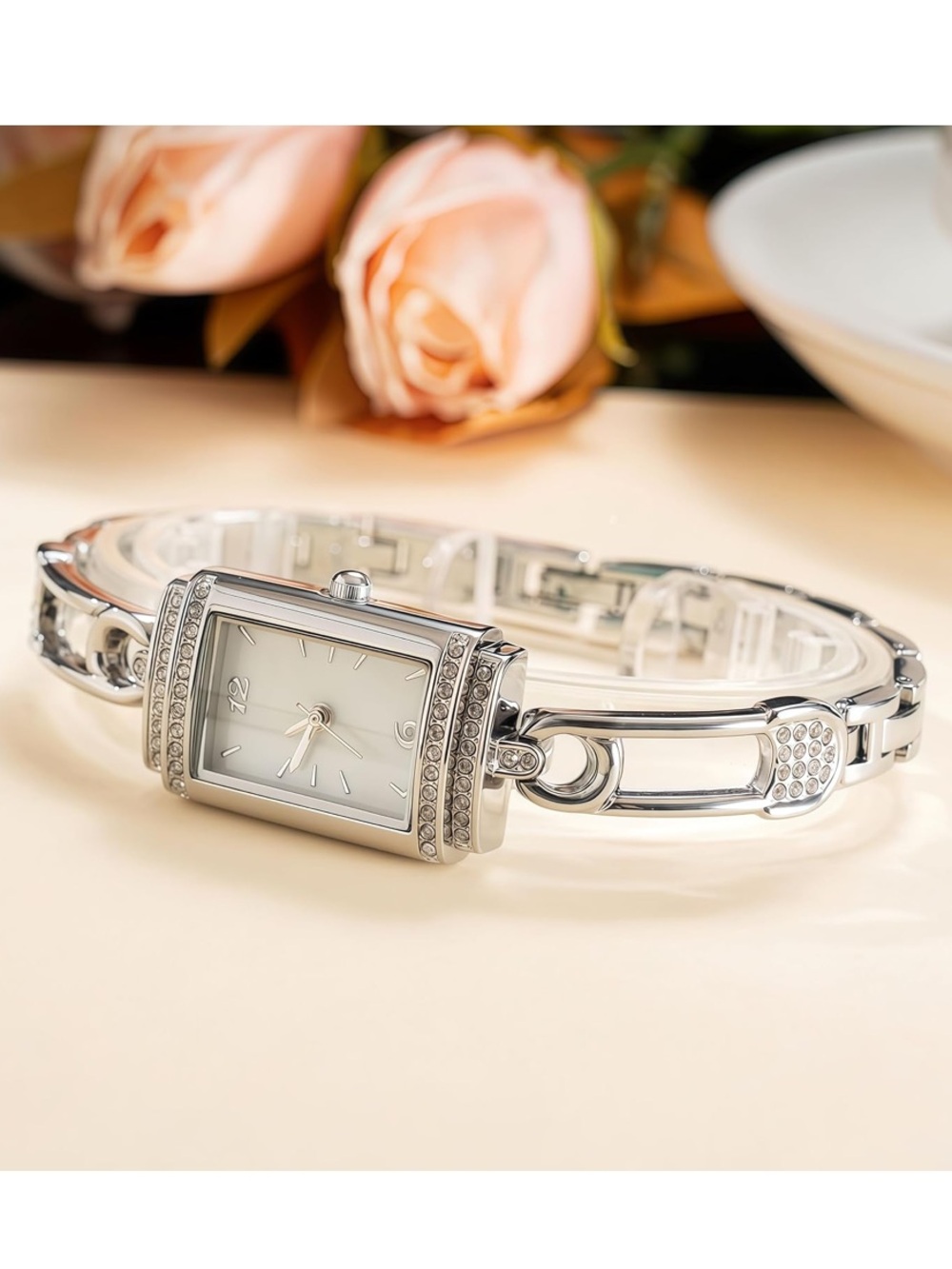 Watch- Watch with Crystal Accents, Rectangular Dial Quartz Bracelet Watch, Stain